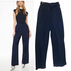 Iris & Ink Wide Leg High Waist Straight Flare Cotton Jean Pant Zip Dark Denim 4